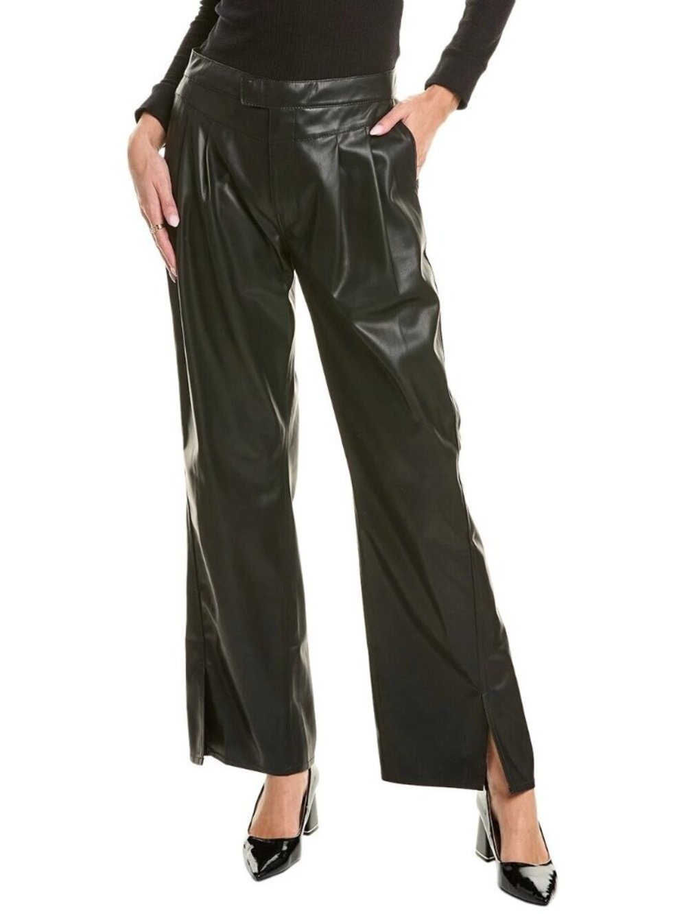 NWOT Hudson Rosie Black Patent Faux Leather Pleated Wide Leg Pants With Slit 25